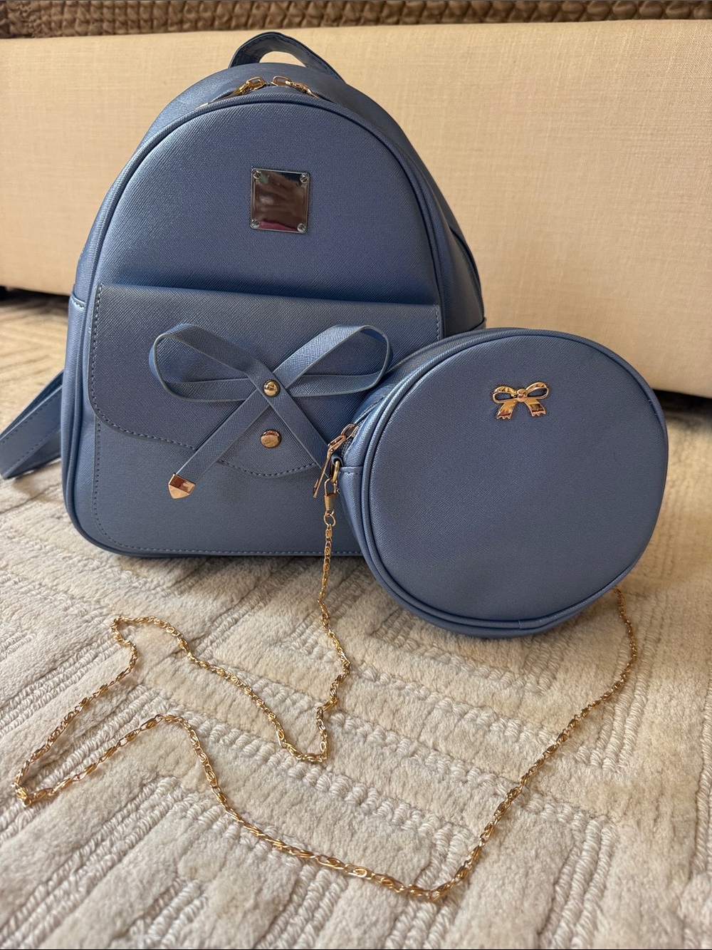 Blue Women's Mini Backpack and Round Crossbody Set